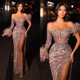 Dresses Gorgeous Mermaid Prom Dresses Sweetheart Off Shoulder One Sleeve Applicants Feathers High Split Backless Floor Length Custom Made