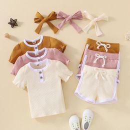 Clothing Sets 3Pcs Baby Girls Romper Clothes Set Fashion Solid Colour Short Sleeve Ribbed T-Shirt Cute Elastic Shorts Headband Outfits