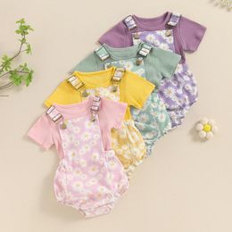 Clothing Sets CitgeeSummer Toddler Girls Outfit Ribbed Short Sleeve T-Shirt And Daisy Print Overalls Shorts Set Cute Clothes
