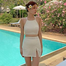 Women's Swimwear Sexy Bikini Women Crop Top With Skirt 3 Sets Biquini Straps Swimsuit Push Up Pad Bathing Suit Korea