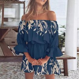 Casual Dresses Summer Women's One Shoulder Printed Dress Sexy Fashion Bandeau Flared Sleeve Mini Seaside Vacation Party Sundresses