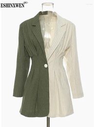 Women's Suits Eshin Green Striped Color-block Big Size Blazer Women Lapel Long Sleeve Loose Jacket Fashion Spring Autumn 2024