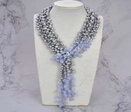 GuaiGuai Jewelry 3 Strands Gray Pearl Blue Chalcedony Agates Long Necklace Handmade For Women Real Gems Stone Lady Fashion Jewelle6083406