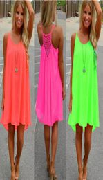 Women Sexy Loose Spaghetti Strap Dress Beach BOHO Dress Summer Bright Colour Sleeveless Chiffon Mini Dress Women Clothing Plus Size7966752