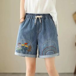 Women's Shorts Summer Women Slimming Loose Denim Casual Sweet Cartoon Floral Embroidered Elastic Waist Female Kawaii Jeans U313