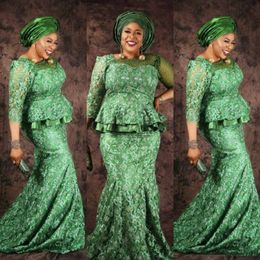 Plus Size Green Lace Prom Dresses South African Beading Sheer Neck Long Sleeves Evening Gowns Aso Ebi Saudi Arabia Formal Party Dress 300n