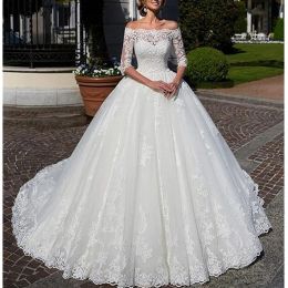 Vestiti da spalla in pizzo abiti da sposa Appliques con maniche per cappuccio vestidos allacciata su abiti da sposa gonfio principessa Dubai Designer Swee