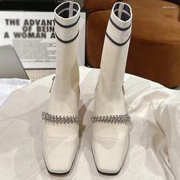 Boots Fashion Runway Autumn White Casual Short Sock Women's Round Toe Diamond Straight Barrel Low Square Heel Shoes