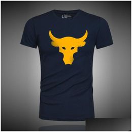 Men'S T-Shirts Mens Tshirts Project Rock Johnson Training Sports Short Sleeve Tshirt Cow Head Print Comfortable Breathable Oneck Spo Dhv43