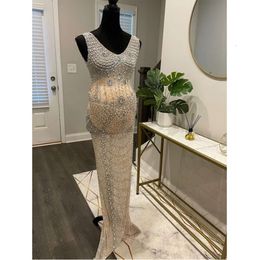 Oversize Clothes Shiny Diamonds Crystal Spandex Elegant Maternity Gown Photography Dress Robe De Soiree Rouge