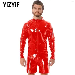 Women's Swimwear Men PVC Leather Swimsuit Rash Guards Zipper Crotch Latex Catsuit Long Sleeve Jumpsuit Sexy Bodysuit Costumes Clubwear