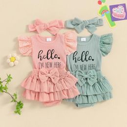 Clothing Sets 2024-03-14 Lioraitiin Baby Girl Summer Clothes Letter Print Romper And Elastic Ruffles Skirt Shorts Headband Set 3 Piece