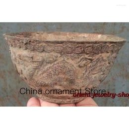 Decorative Figurines Antique Patina Old Bronze Statue Dragon Phoenix Wealth Bowl 13cm