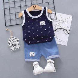 Clothing Sets Newborn Baby Clothes Print Boys Suit Summer Baby Girl 2 Pieces Suit Sleeveless Top+ Denim Short Toddler Boy Set Cotton Outfits Y240515