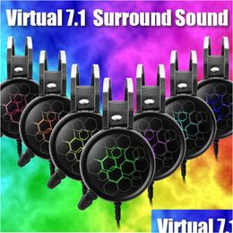 Headphones Earphones Virtual 7.1 Usb Gaming Headphone With Mic Surround Sound Professional Gamer Headset Luminous Light For Pc Com Dhukx