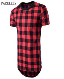 Longline T Shirt Men Small Plaid Slim Fit Tee Shirt Homme Summer Short Sleeve Men Top Tee Casual Hip Hop Streetwear Tshirt Y200938011270