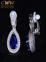 Fashion Women White Gold Colour Dangle Drop CZ Royal Blue Crystal Paved No Pierced Ear Clip On Earrings Jewellery CZ164 2107144272888