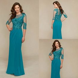 Long Blue Mother Of The Bride Dresses Scoop Neck Half Sleeve Lace Applique Wedding Guest Dress Evening Party Formal Gowns 219v