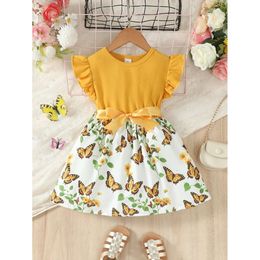 Child Petal Sleeve Patchwork Cute Butterfly Print with Bow Summer Academy Style Dress for Kids Girl 4-7 Years L2405