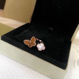 Vintage Band Rings Perlee Brand Designer Copper Double Butterfly Four Leaf Clover Flower Charm Open Ring For Women With Box Party Gift