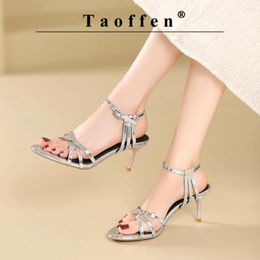 Dress Shoes Taoffen Band Genuine Leather Sandals Thin Mid Heels Women Gladiator Open Toe Vintage Roma 2024 Trend