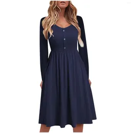 Casual Dresses Women's Summer Fashion Solid Color Round Neck Long Sleeve Button Swing Dress 2024 Elegant Party Evening