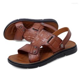 Slippers Crocodile Pattern Black Men Sandals Brown Summer Men's Beach Genuine Leather Handmade Shoes Size 38-44