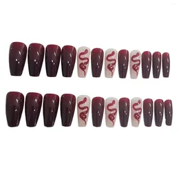 False Nails 24pcs Long Fake Nail For Girls Wine Red Snake Pattern Ballerina Artificial Women And Girl Party Activity