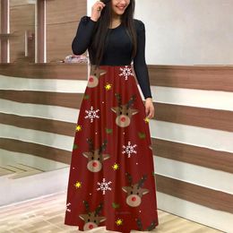 Casual Dresses Christmas Printed Long Sleeve Elegant For Women Round Neck Length Loose Maxi Dress Women'S Evening