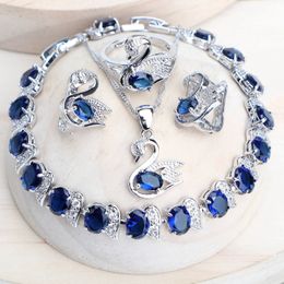 Trendy Women Bridal Jewelry Sets For 925 Sterling Silver Blue Cubic Zirconia Wedding Earrings Rings Bracelets Pendant Necklace 240506