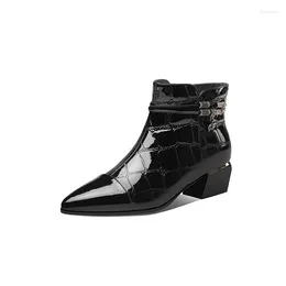 Boots Mstyle Pantent Leather Ankle For Women Side Zip Pointed Toe Block Heel Pendant Band Design Classic Black Handmade Shoes