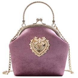 Female Velvet Pearl Handbag Shoulder Cross-body Bags Vintage Velour Heart Design Evening Bag Wedding Party Bride Clutch Bag Purse 179F