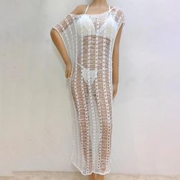 Women's Beachwear Knitted Sundress Solid Colour Short Sleeve Sheer Bikini Cover Ups Hollow Out See-through Bathing Suit