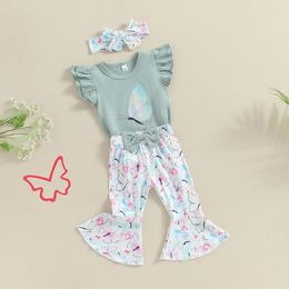 Clothing Sets Baby Girls Summer Outfit Sleeve Butterfly Print Romper With Flare Pants And Headband