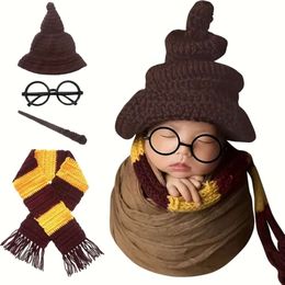 4Pcs Photography Props Suit for Baby Newborn Wizard Hat Glasses Frame Costume Infant Cosplay Photo Outfit L2405