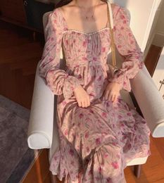 Elegant Vintage Print Chiffon Long Dress Women Buttons Slim Waist Vacation Boho Beach Dress Robe Longue Vestido15468190