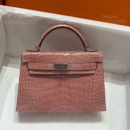 12A Top Mirror Quality Designer Tote Bags Pure Hand-sewn Cherry Blossom Pink Bright-face Crocodile Skin Design 19cm Silver Buckle Embellished Luxury Handbag With Box.