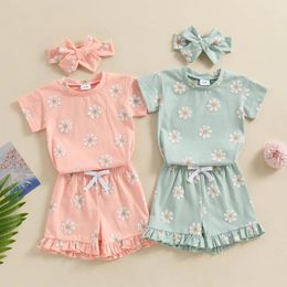 Clothing Sets Toddler Girl Summer Outfit Floral Print Short Sleeves Tops With Elastic Waist Ruffled Shorts And Headband 3 Pcs Clothes