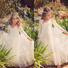 2020 Vintage Flower Girl Dresses For Boho Weddings White Long Sleeve Sheer back Princess Kids First Communion Gowns Cheap Floor Length 257L
