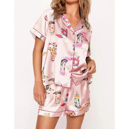 Satin Loungewear Women Set 2000s Graphic Print Lapel Collar Button Down Short Sleeve Shirt Top and Shorts y2k Clothing Sleepwear 240516