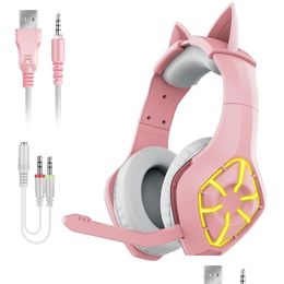 Headphones Earphones Colorf Lights Cat Girl Pink Wired Game Headset Computer Headphone Rgb Light Stereo Earphone With Microphone F Dhw0R