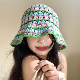 Colourful Dopamine French Hollow Sweet Straw Caps for Women Summer Korean Casual Versatile Seaside Sunscreen Bucket Hat Y2k 240517