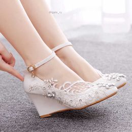 Dress Shoes Women White Rhinestone Lace Wedding Shoes Wedges 8CM High Heels Ankle Strap Ladies Bride Party Dance Pumps