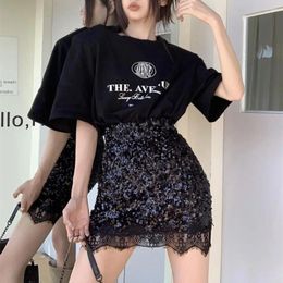 Work Dresses O-Neck Printed Shoulder Pad T-Shirt Long Top High Waist Sequin Lace Stitching Bag Hip Skirt Chic Fashion Sexy Summer Clothing