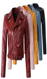Nuove donne della moda Autunm Winter Winter Red Leather Bomber Jackets Lady Motorcycle Cool Outer Coat con cintura 4194636