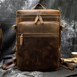 Backpack Retro Men's Simple Fashion With Leather Crazy Horse Multi-functional Large Capacity Notebook Travel