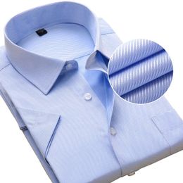 Plus Size Men Dress Shirts Short Sleeve Slim Fit Solid Striped Business Formal White Man Shirt Male Social Casual Clothing 240507