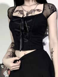 Vintage Tops Goth Tshirt Women Bodycon Bandage Lace Black Tshirts Gothic Streetwear Sexy Female Top Casual Mesh Tee 240514