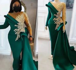 Dresses Dark Green Mermaid Prom Dresses with Gold Appliqued Lace Beaded Sheer Neck Long Sleeves Evening Gowns Peplum Side Train Satin Wome