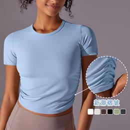 Seamless Solid Ribbed Yoga Crop Gym Clothes Short Sleeve Sport Top Fiess Workout Tops for Women Sports Shirts L2405